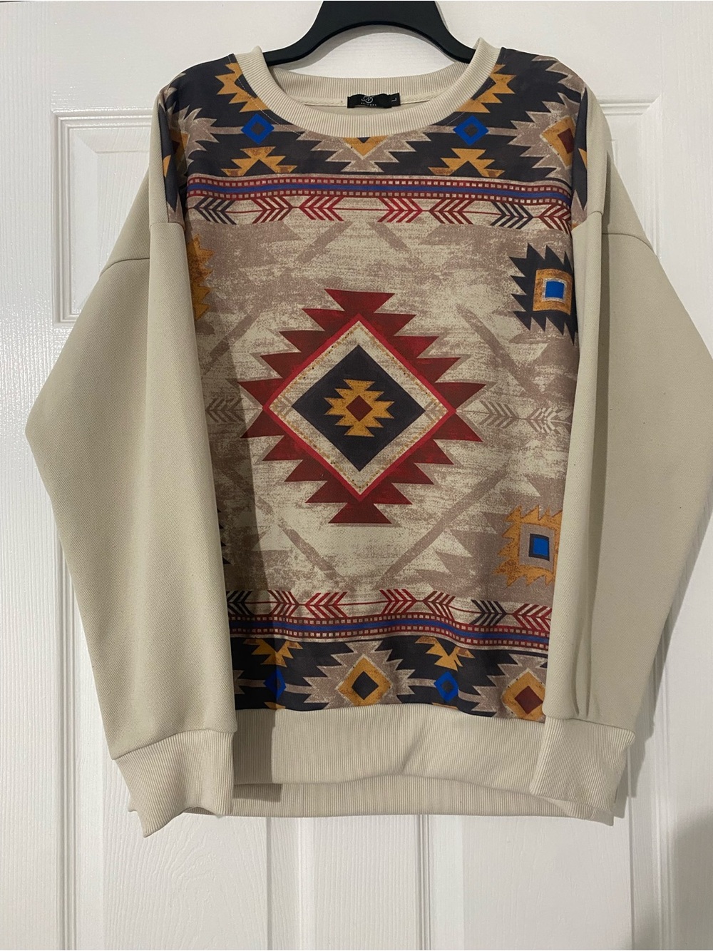 ICON Women's Crewneck Sweater with Aztec Panel - Beige, Red, Blue, Gold
